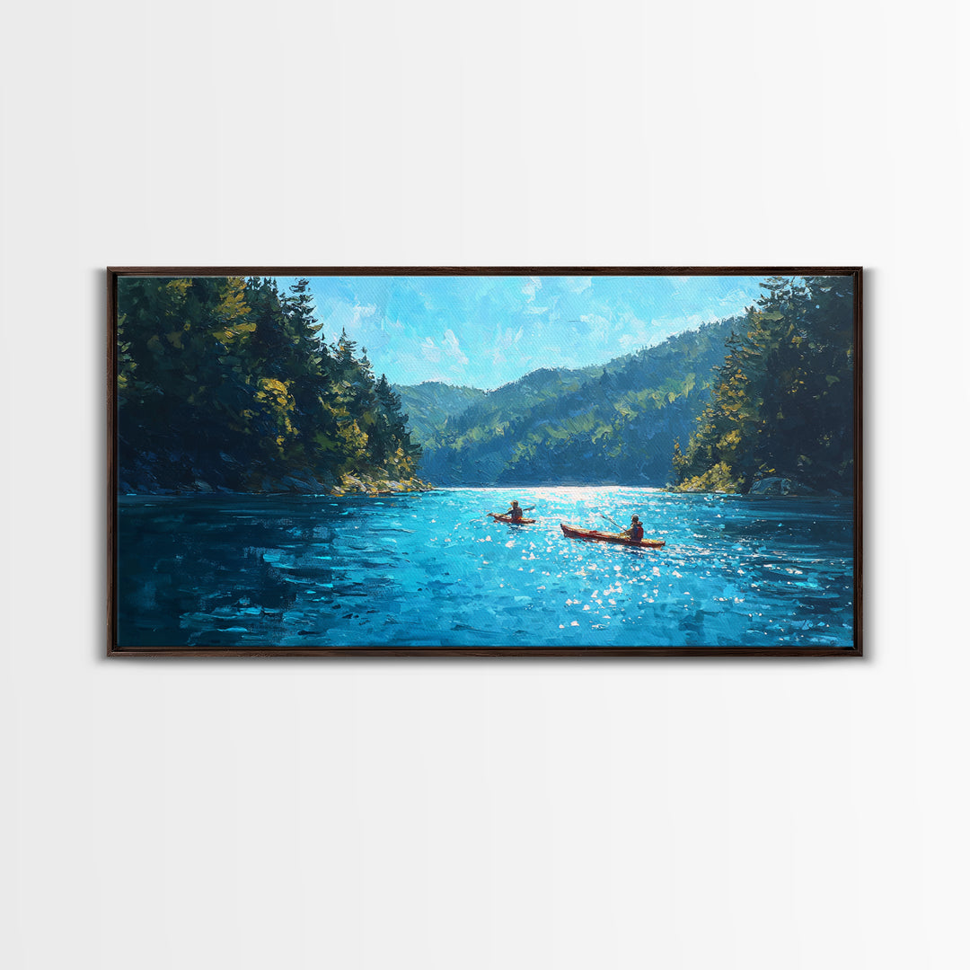 Kayakers On Blue Mountain Lake Wall Art, Forest Landscape Canvas Print, Calming Nature Decor, Serene Cabin Living Room Wall Art