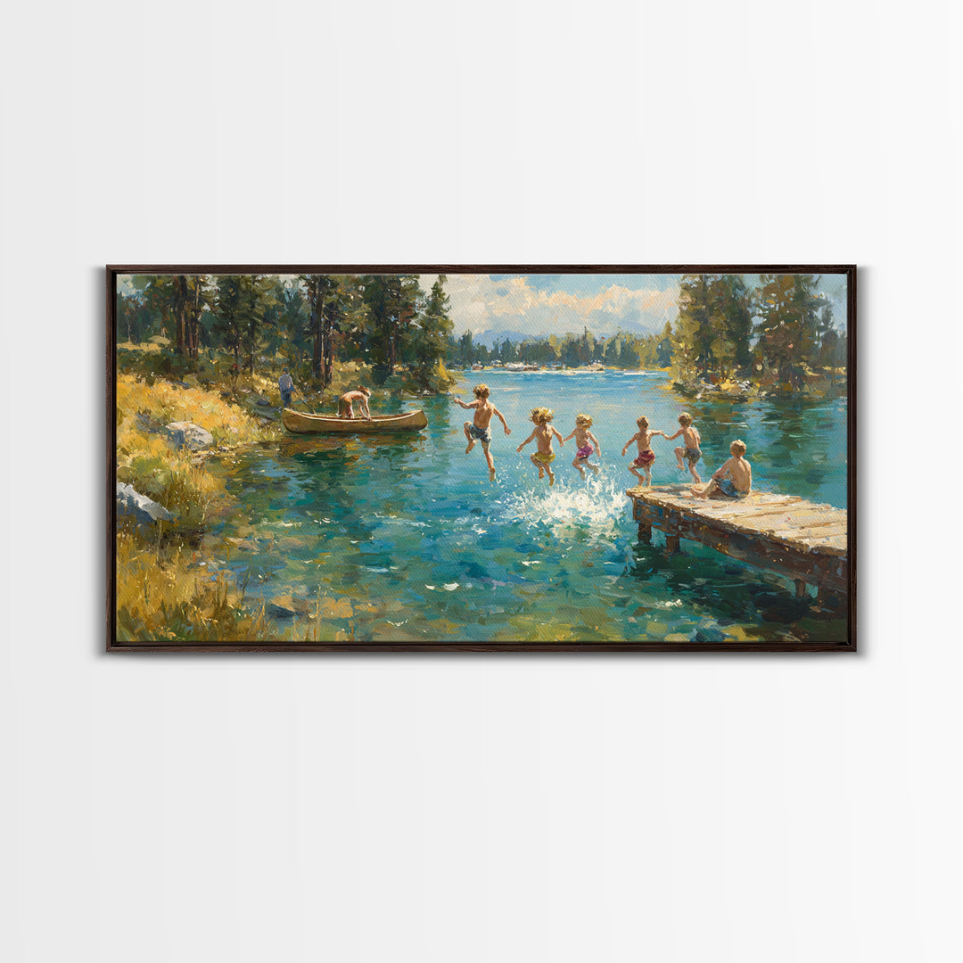 Children Jumping Into Summer Lake Canvas Print, Impressionist Landscape Wall Art, Cabin Decor, Lake House Art, Family Gift