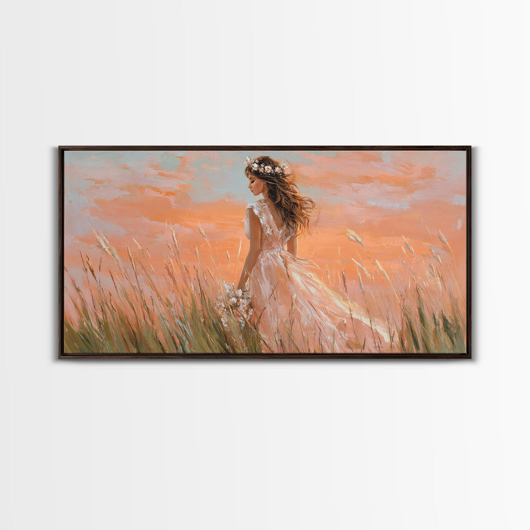 Boho Bride In Golden Meadow Canvas Print, Romantic Feminine Wall Art, Soft Peach Sunset Bedroom Decor, Wedding Gift For Her