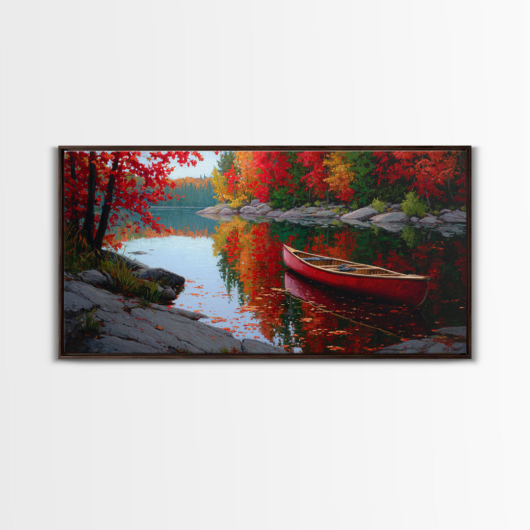Red Canoe On Autumn Lake Framed Canvas Print, Cabin Wall Art, Fall Landscape Painting, Rustic Lake House Decor, Nature Art Print