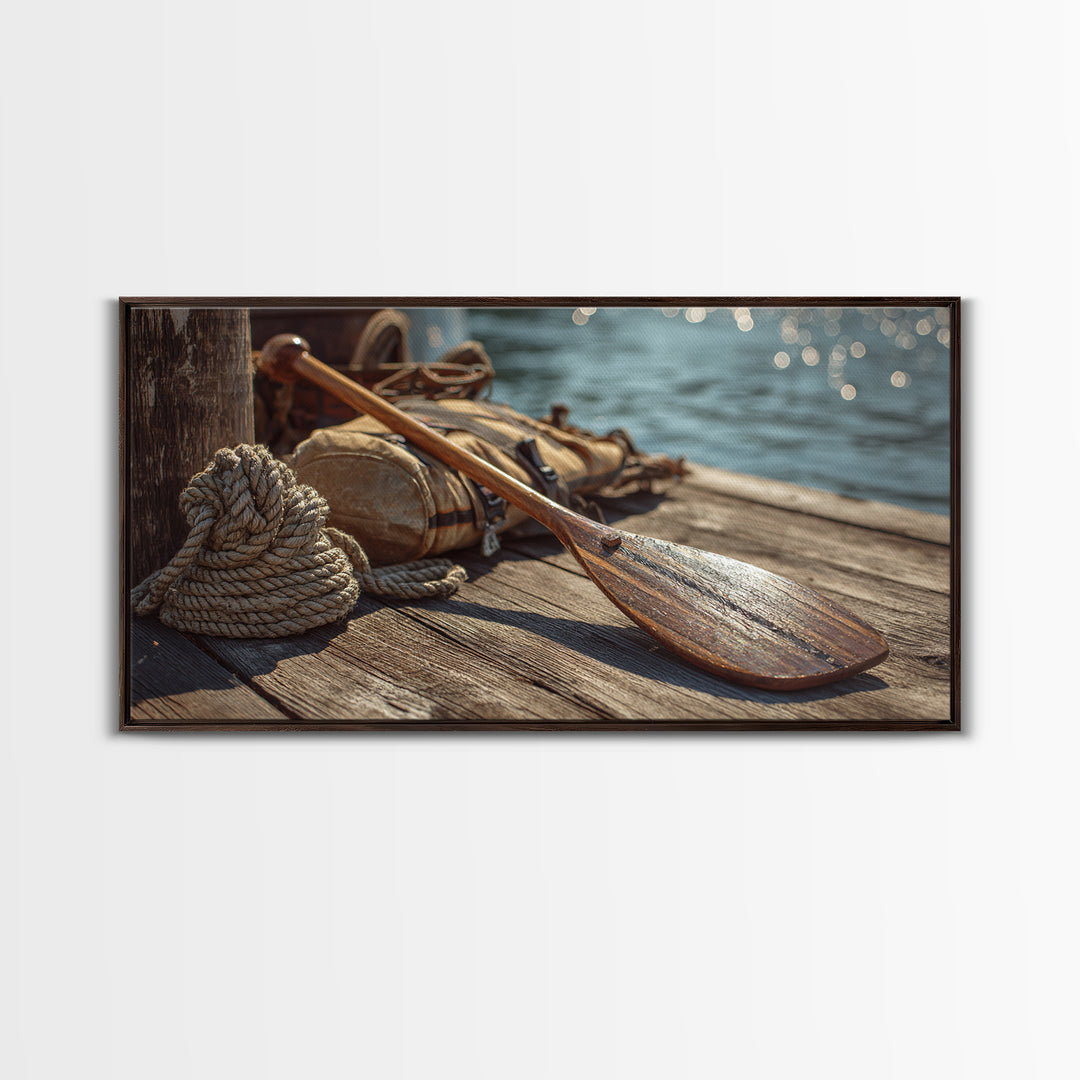 Weathered Paddle And Rope On Dock Canvas Print, Nautical Wall Art, Lake House Decor, Coastal Cabin Gift, Rustic Boat Print