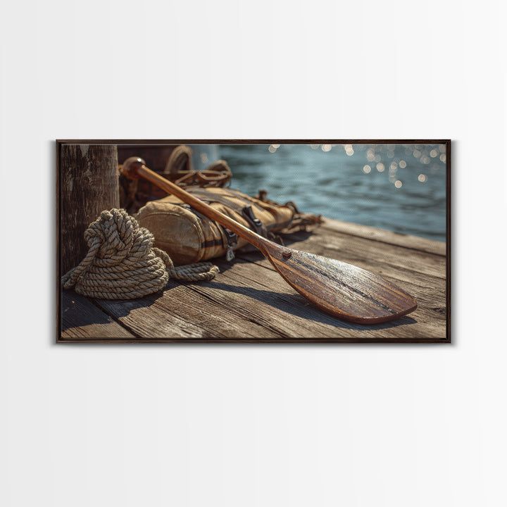 Weathered Paddle And Rope On Dock Canvas Print, Nautical Wall Art, Lake House Decor, Coastal Cabin Gift, Rustic Boat Print