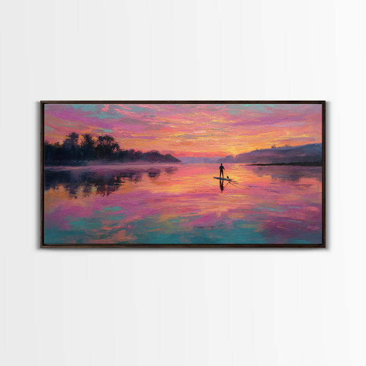Paddleboarder On Pink Sunset Lake Wall Art, Colorful Seascape Canvas Print, Romantic Coastal Decor, Large Living Room Art