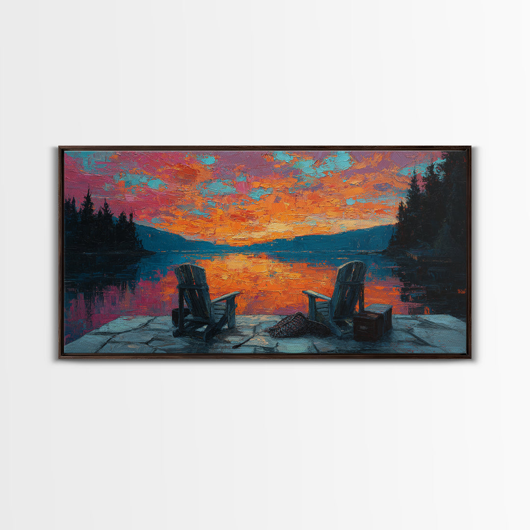 Two Adirondack Chairs By Vivid Lake Sunset Canvas Print, Cabin Wall Art, Rustic Decor, Lake House Decor, Cozy Gift For Living Room
