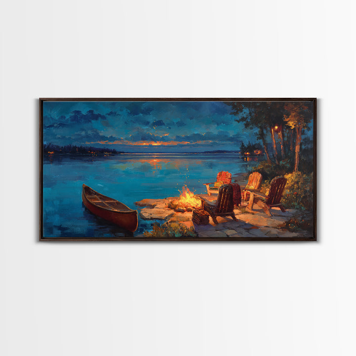 Cozy Lakeside Campfire Wall Art, Adirondack Chairs And Canoe Canvas, Rustic Lake House Cabin Decor For Living Room Decor