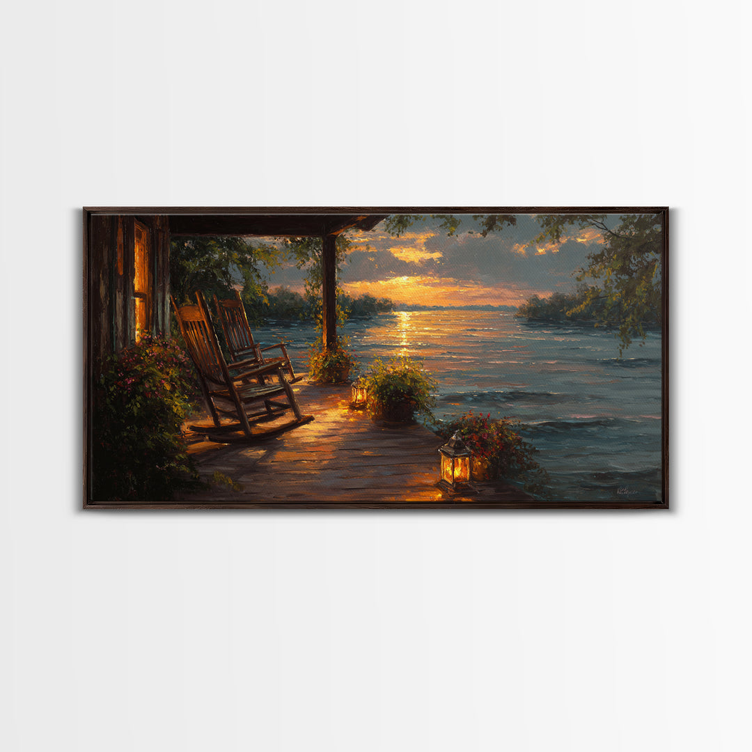 Sunset Porch Rocking Chair By Lake Wall Art, Cozy Cabin Canvas Print, Rustic Lakeside Home Decor, Housewarming Gift, Living Room Decor