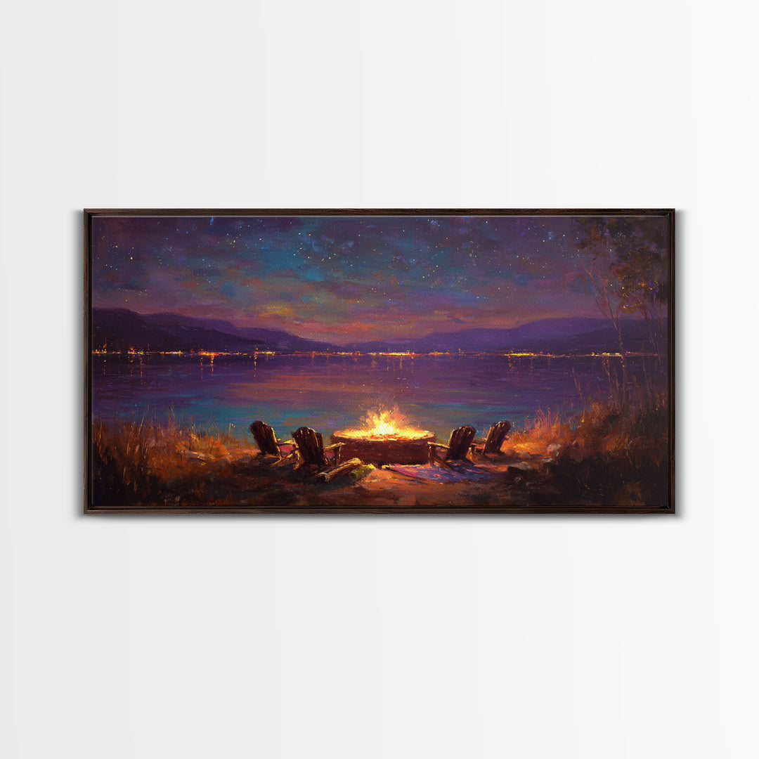 Campfire By Starlit Mountain Lake Canvas Print, Cozy Cabin Wall Decor, Rustic Landscape Art, Nature Lover Home Decor Gift