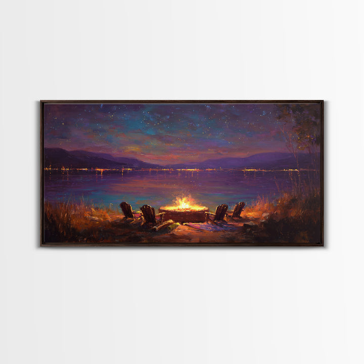 Campfire By Starlit Mountain Lake Canvas Print, Cozy Cabin Wall Decor, Rustic Landscape Art, Nature Lover Home Decor Gift