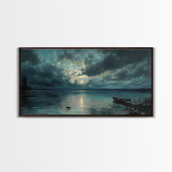 Stormy Moonlit Lake With Rowboat Wall Art, Moody Seascape Canvas Print, Dark Coastal Landscape Art, Living Room Decor, Office Decor