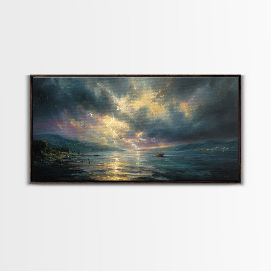 Stormy Ocean Lightning Seascape Canvas Print, Moody Wall Art, Nautical Decor, Coastal Landscape, Large Living Room Art Print