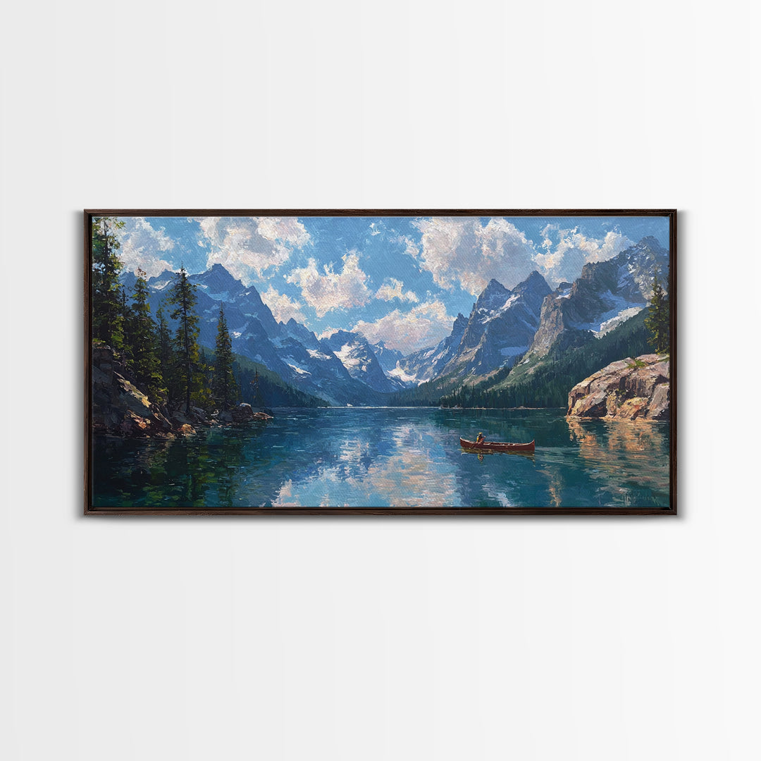 Mountain Lake Canoe Wall Art, Alpine Landscape Canvas Print, Serene Nature Decor, Large Rustic Cabin Gift For Living Room