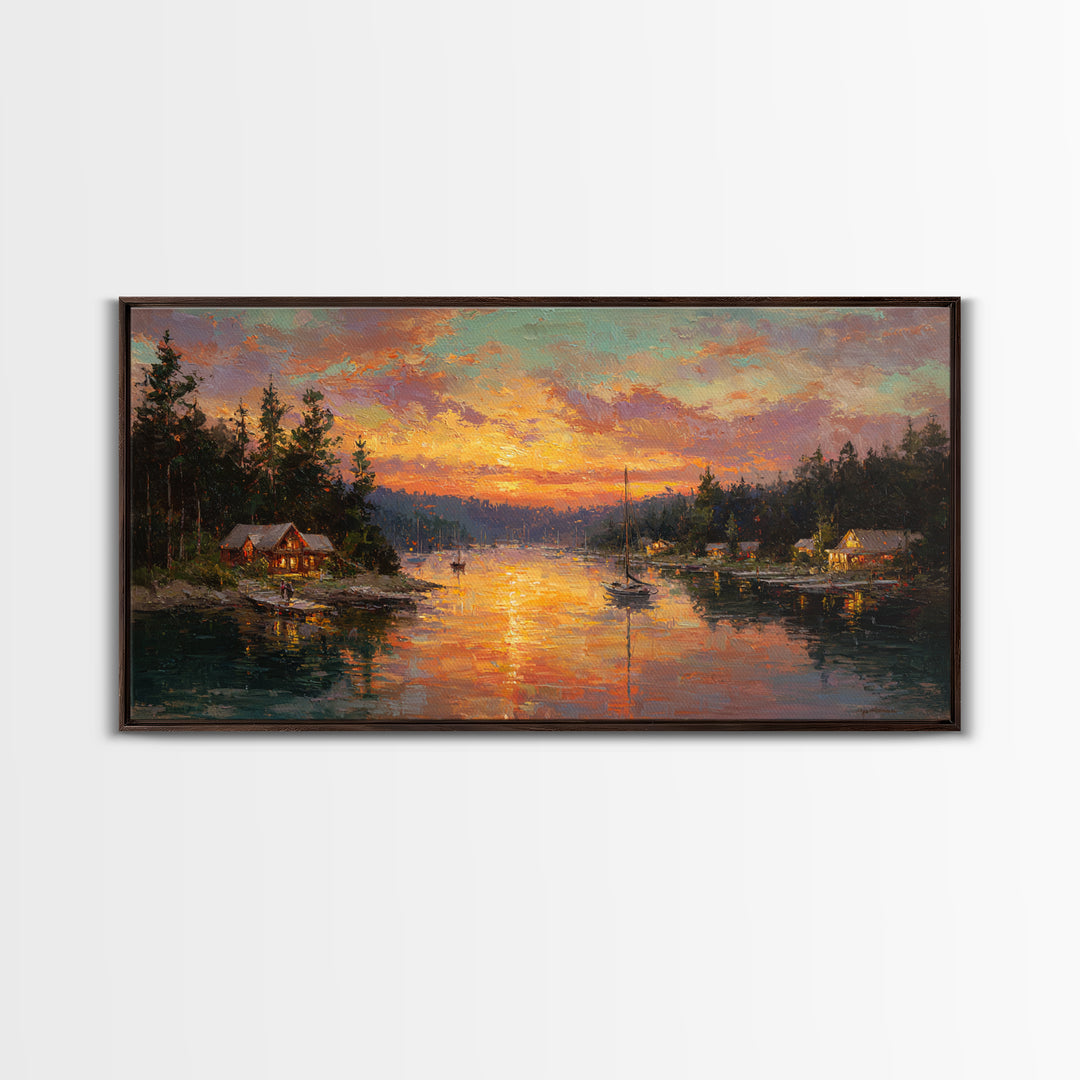 Glowing Lakeside Cabins At Sunset Framed Canvas Print, Rustic Lake House Wall Art, Cabin Decor, Landscape Painting, Living Room Decor