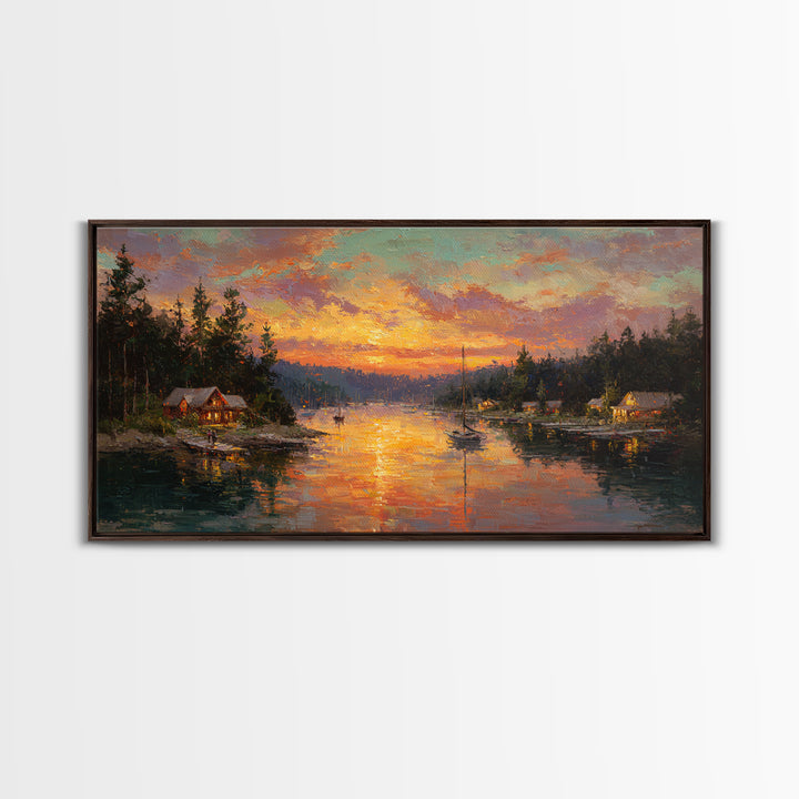 Glowing Lakeside Cabins At Sunset Framed Canvas Print, Rustic Lake House Wall Art, Cabin Decor, Landscape Painting, Living Room Decor