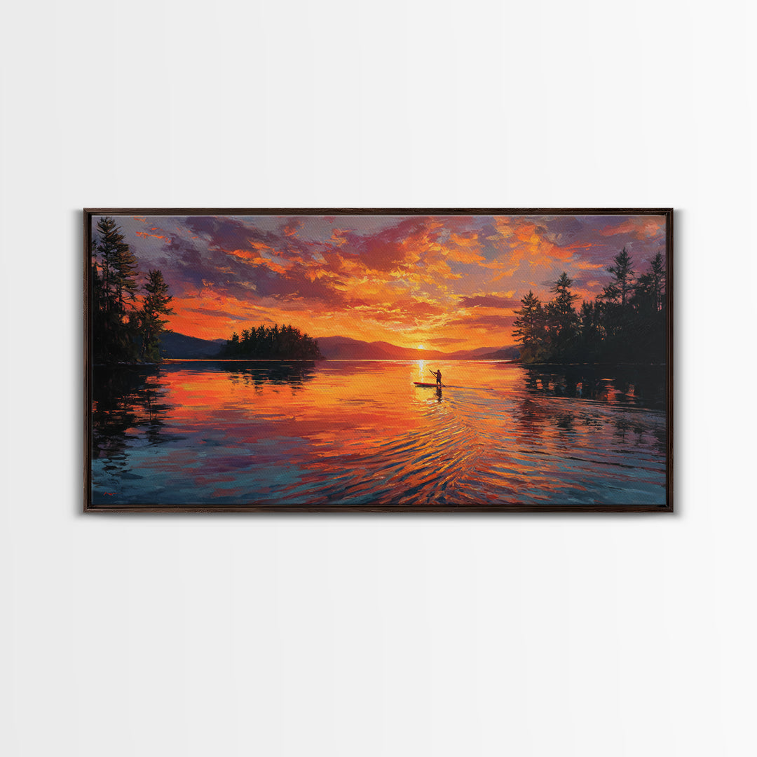Fiery Sunset Kayaker On Mountain Lake Wall Art, Canvas Print, Outdoor Adventure Decor, Lake House Gift, Large Wall Art, Sunset Painting
