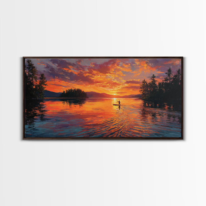 Fiery Sunset Kayaker On Mountain Lake Wall Art, Canvas Print, Outdoor Adventure Decor, Lake House Gift, Large Wall Art, Sunset Painting