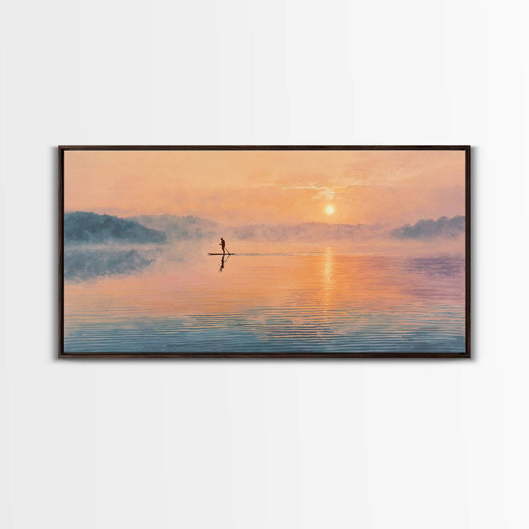 Minimal Paddleboarder On Misty Sunrise Lake Canvas Print, Calming Wall Art, Coastal Decor, Minimalist Landscape Art, Bedroom Decor