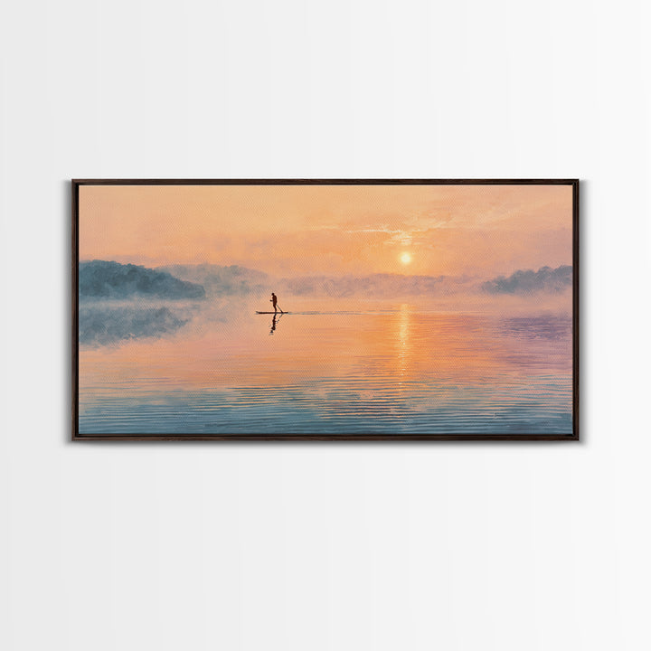 Minimal Paddleboarder On Misty Sunrise Lake Canvas Print, Calming Wall Art, Coastal Decor, Minimalist Landscape Art, Bedroom Decor