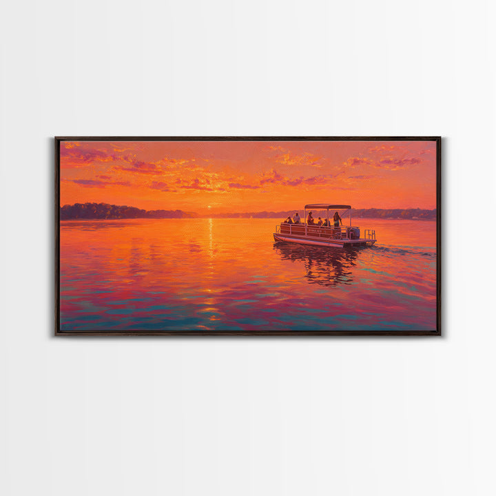 Orange Sunset Pontoon Boat On Calm Lake Framed Canvas Print, Lake House Wall Art, Nautical Decor, Summer Home Decor, Gift For Him