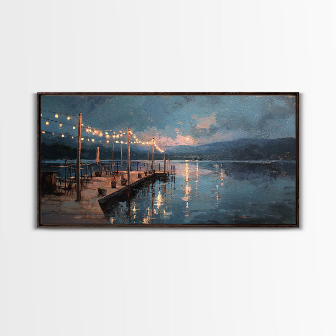 Moonlit Dock With String Lights Framed Canvas Print, Moody Lake Wall Art, Coastal Wall Decor, Rustic Cabin Home Decor, Office Decor