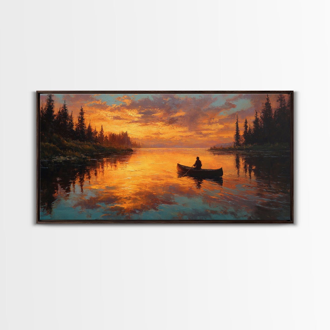 Golden Canoe At Sunset On Quiet Forest Lake Canvas Print, Rustic Cabin Wall Art, Nature Decor, Landscape Painting, Lake House Decor