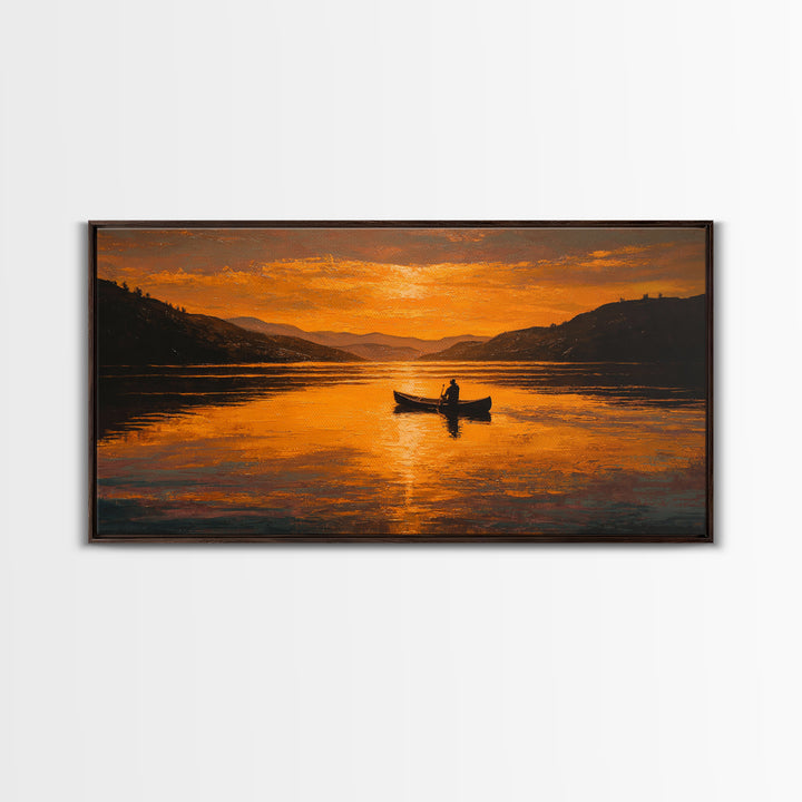 Orange Sunset Lake Boat Silhouette Canvas Print, Rustic Landscape Wall Decor, Serene Cabin Living Room Art, Housewarming Gift