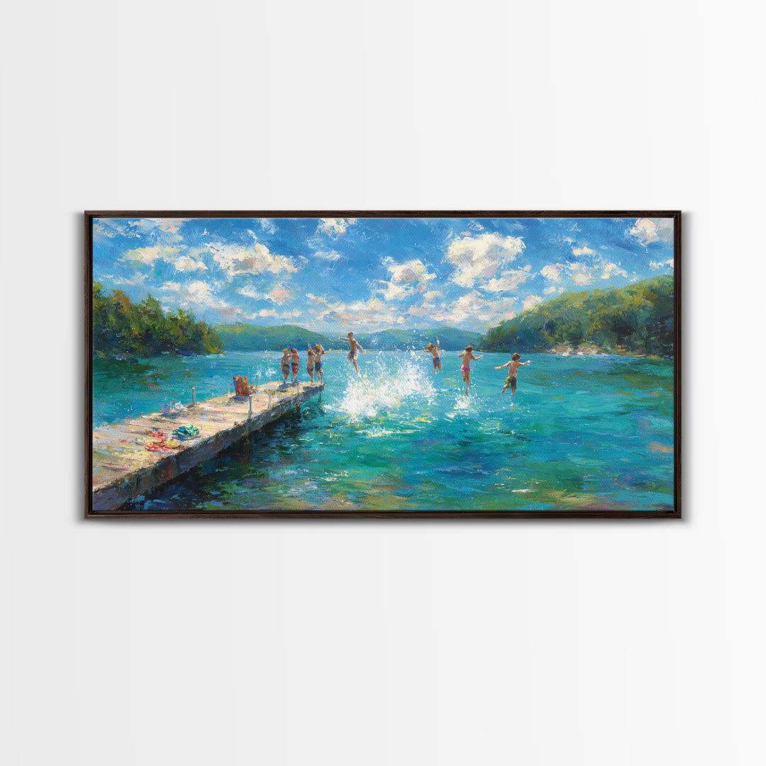Joyful Summer Kids Jumping Into Blue Lake Artwork, Vibrant Landscape Canvas Print, Wall Art For Family Room And Children's Bedroom Decor