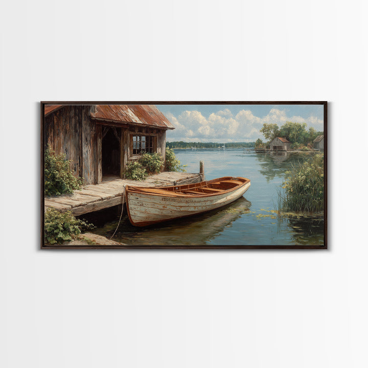 Rustic Waterfront Scene With Wooden Rowboat And Weathered Dock Painting Wall Art Canvas Print For Living Room Decor