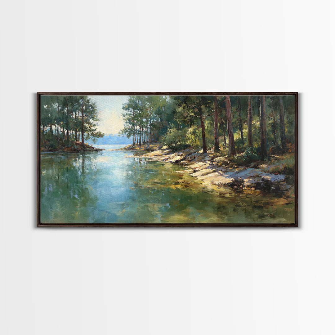 Woodland Landscape Painting With Misty Lake Framed Canvas Print Wall Art Rustic Nature Home Decor Large Art Print