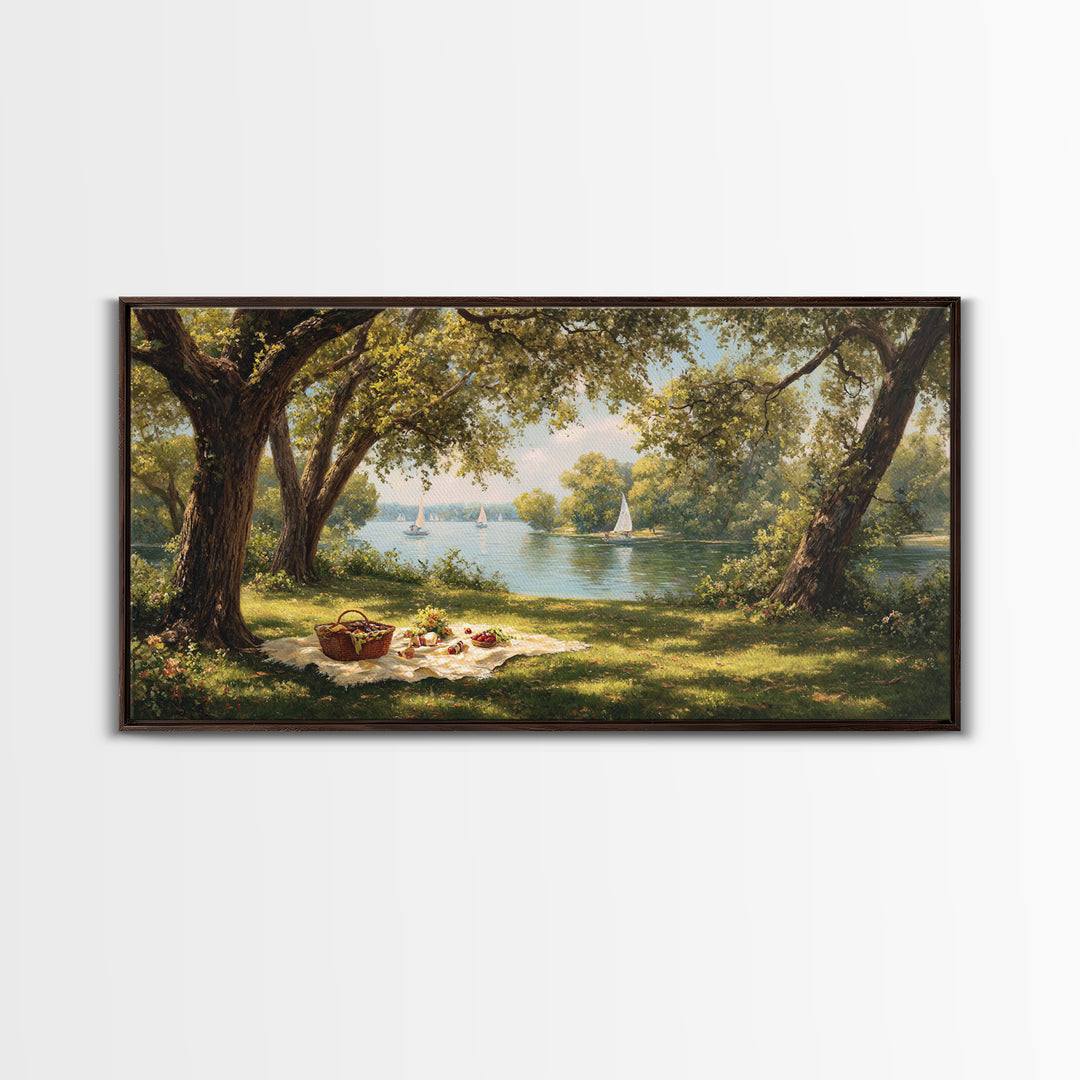 Idyllic Lakeside Picnic Scene With Trees And Sailboats Wall Art Framed Canvas Print For Living Room Decor