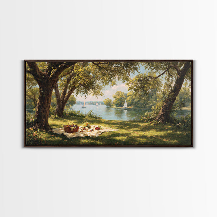 Idyllic Lakeside Picnic Scene With Trees And Sailboats Wall Art Framed Canvas Print For Living Room Decor