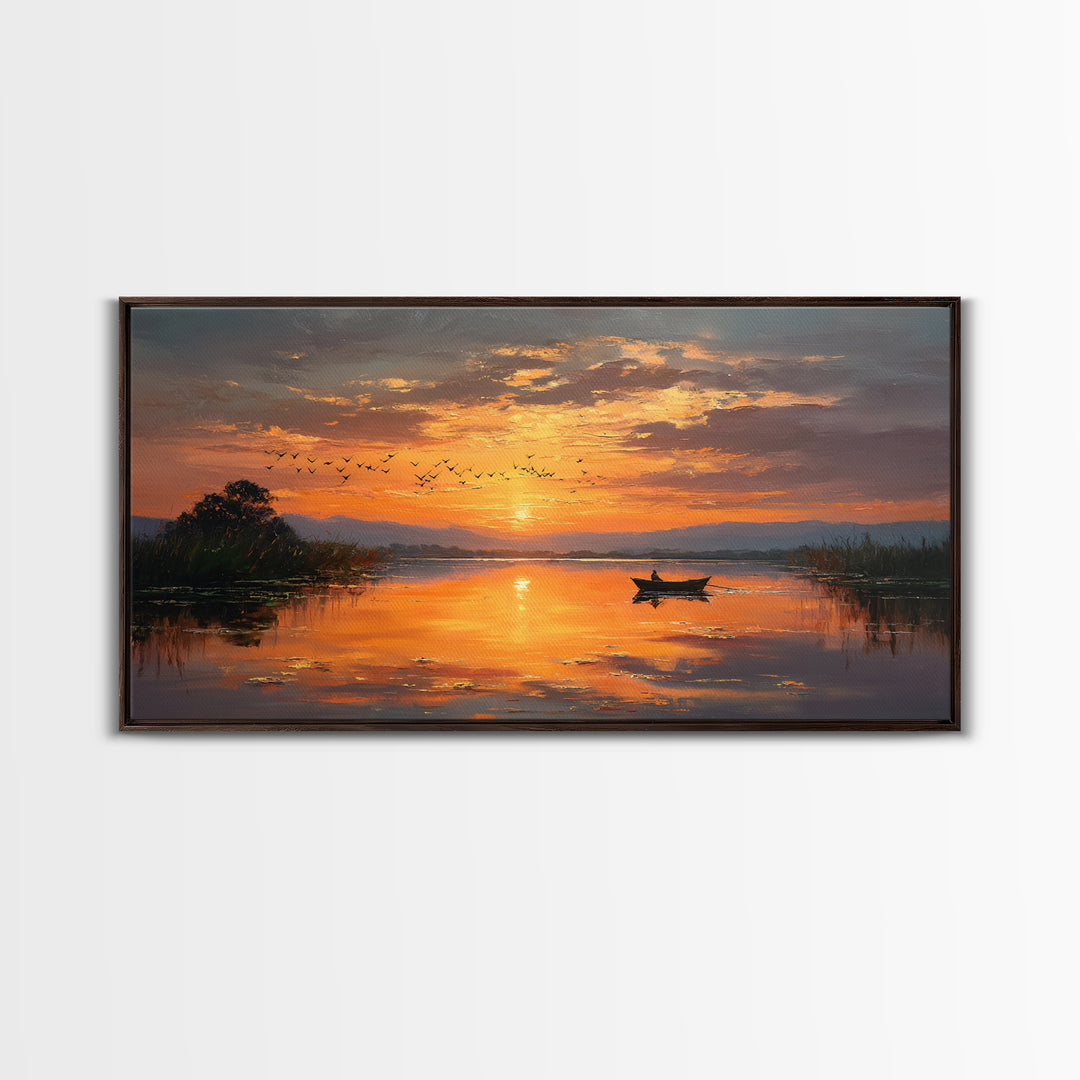 Majestic Sunset Over Calm River With Birds Flying Silhouettes Realistic Painting Wall Art Framed Canvas Print For Serene Decor