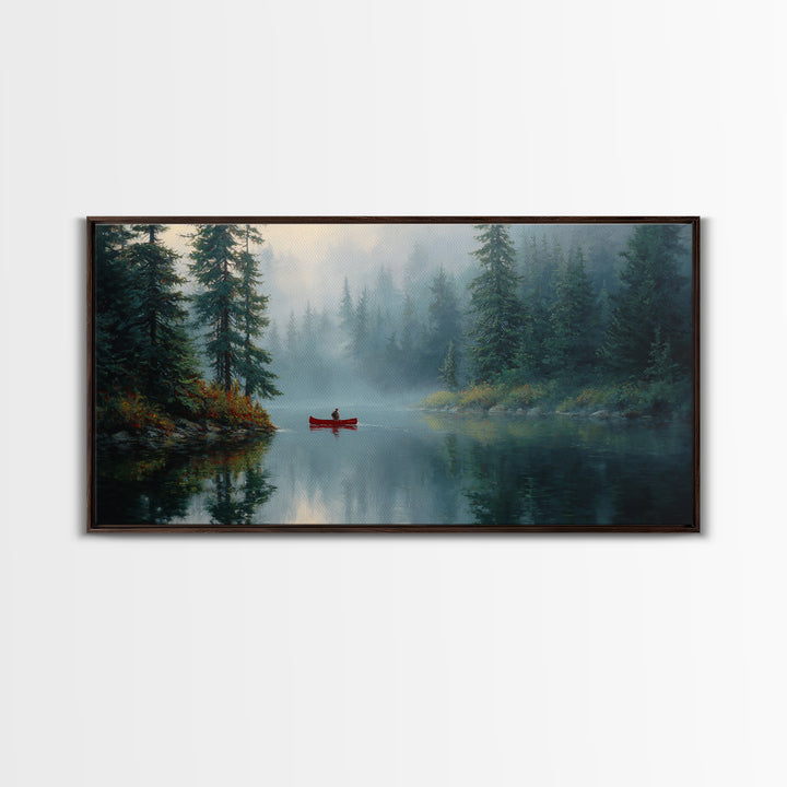 Peaceful Forest Lake With Canoe And Mist Landscape Oil Painting Canvas Print Large Wall Art For Cozy Living Room Decor