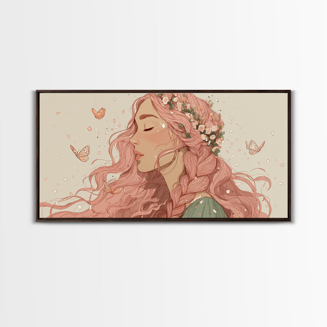 Pink Braided Floral Woman Portrait Wall Art, Feminine Boho Decor, Whimsical Butterfly Canvas Art, Gift For Her, Living Room Decor