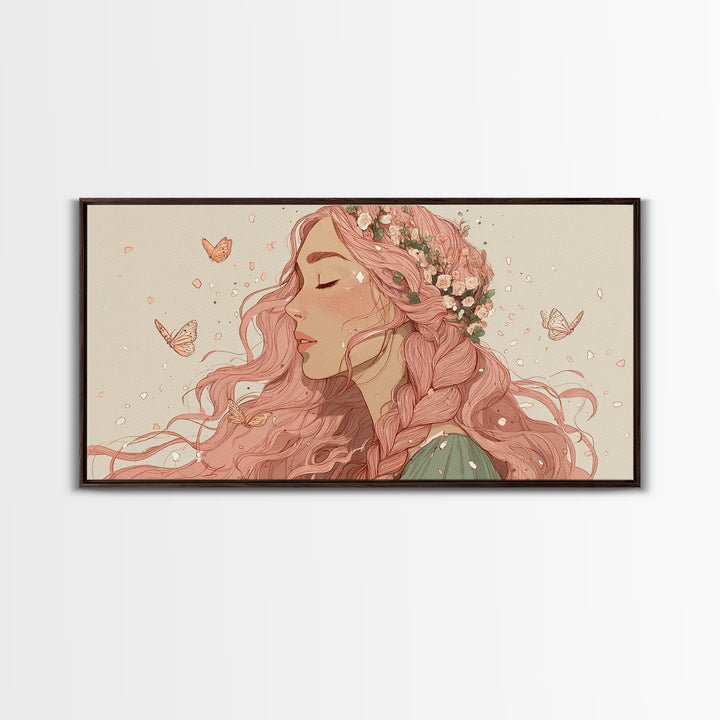 Pink Braided Floral Woman Portrait Wall Art, Feminine Boho Decor, Whimsical Butterfly Canvas Art, Gift For Her, Living Room Decor