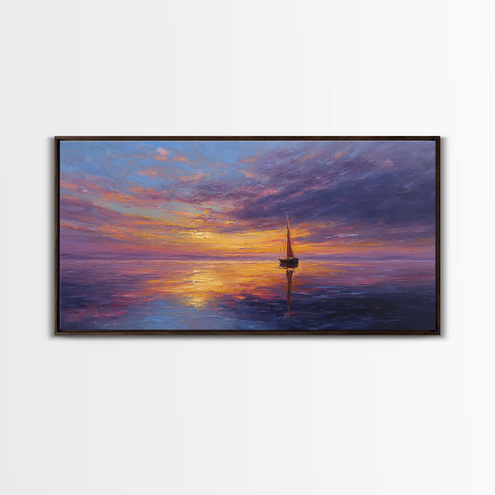 Sailboat Sunset Canvas Print Colorful Seascape Wall Art Modern Coastal Home Decor Nautical Poster