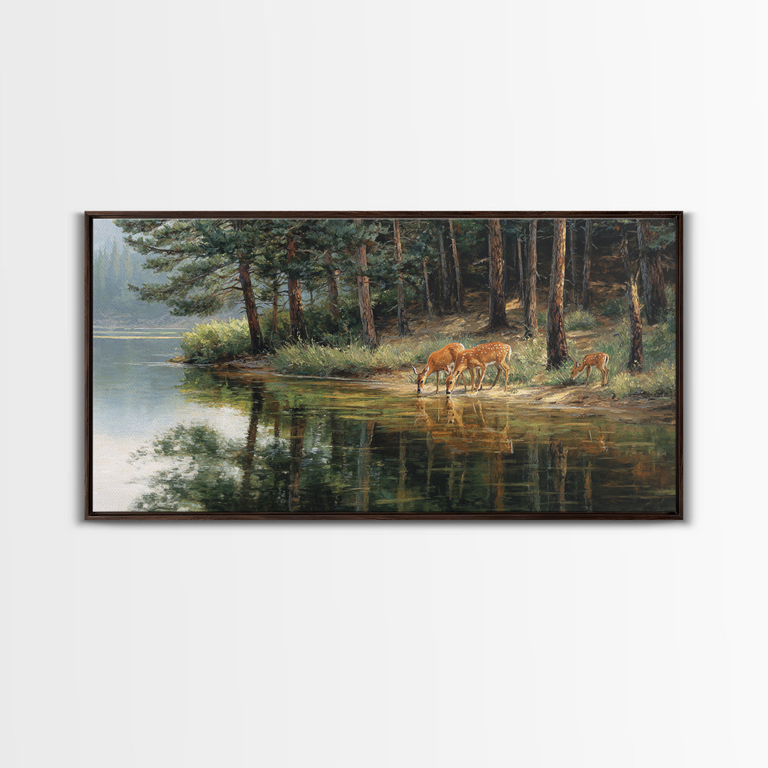 Realistic Wildlife Painting Deer Family Nature Wall Art Canvas Print For Rustic Home Decor And Living Room