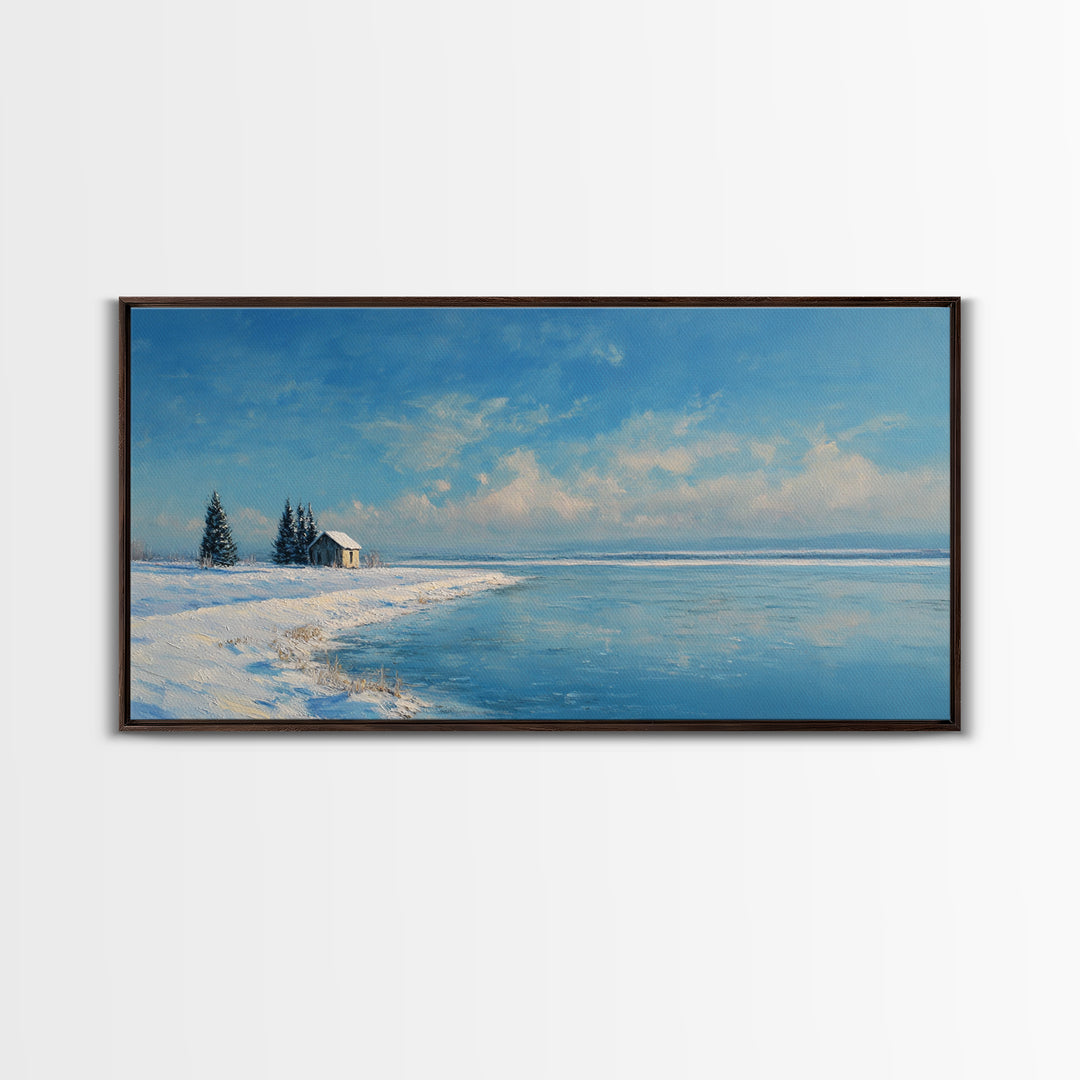 Serene Winter Lake Landscape Painting With Snowy Cabin And Pine Trees Art Print Wall Art Canvas Print For Home Decor