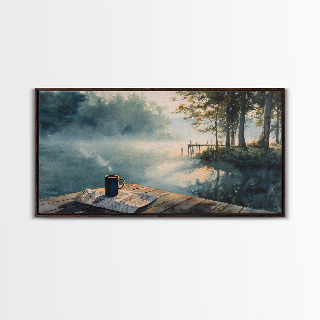Morning Misty Lake With Coffee Cup Rustic Watercolor Painting Wall Art Framed Canvas Print