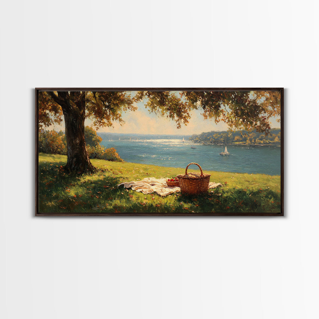 Sunlit Picnic Scene Overlooking Blue Lake With Sailboats Wall Art Framed Canvas Print Coastal Decor