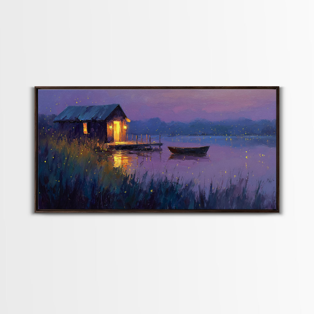 Romantic Evening Lakeside Cabin Oil Painting Wall Art With Fireflies Charming Landscape Decor