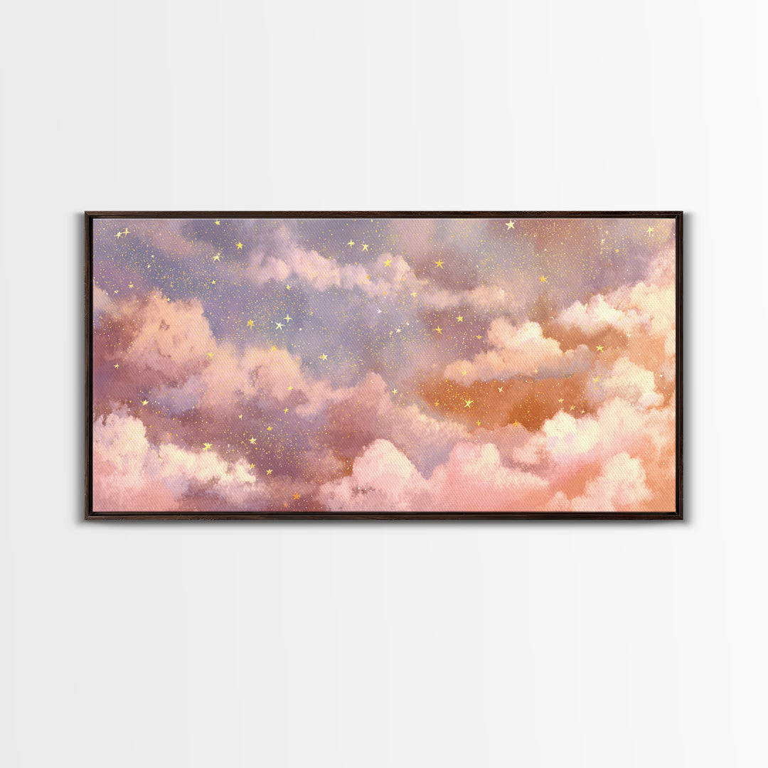 Pastel Celestial Clouds And Gold Stars Canvas Print, Dreamy Nursery Wall Art, Whimsical Decor, Bedroom Wall Decor, Gift For Her