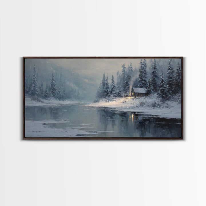 Cozy Cabin In Snow Winter Landscape Painting Oil On Canvas Framed Canvas Print For Home Decor