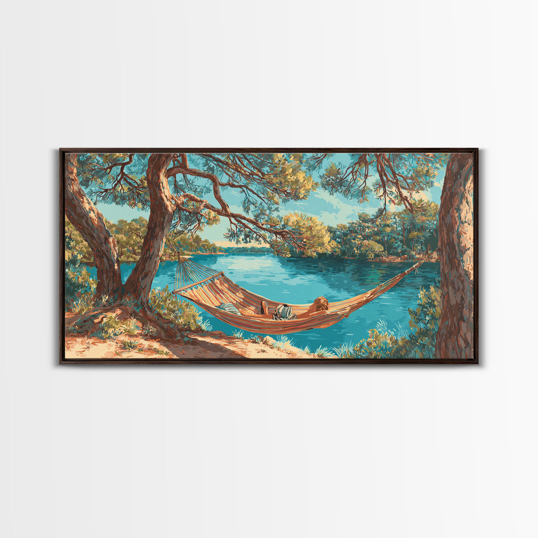 Relaxing Lake Scene With Hammock And Man Reading Wall Art Painting Canvas Print For Tranquil Bedroom Or Living Room Decor