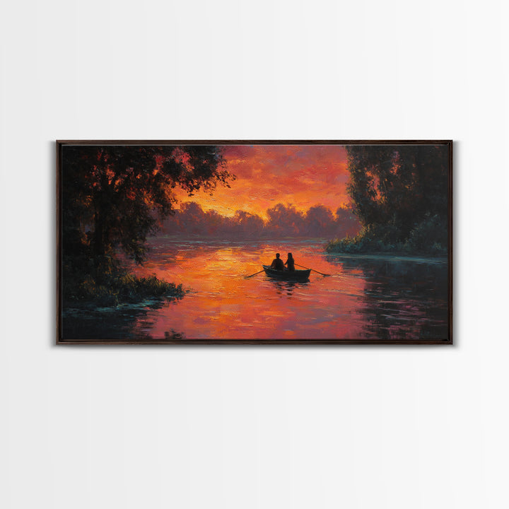 Romantic Couple In Rowboat At Fiery Sunset Lake Scene Oil Painting Wall Art Ideal For Cozy Bedroom Decor Or Rustic Living Room Framed Canvas Print