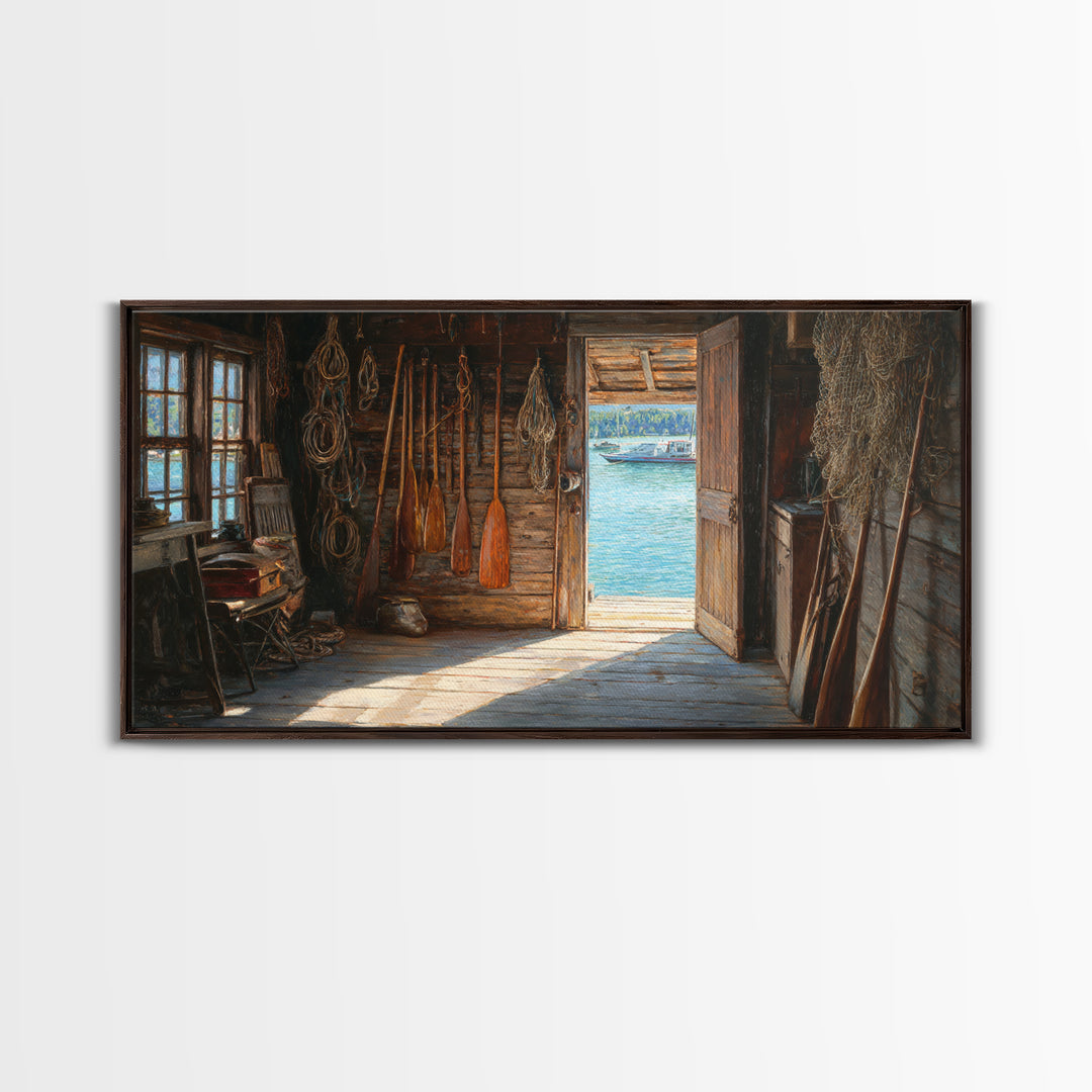 Rustic Fishing Shack Interior With Oars And Nets Oil Painting Wall Art For Coastal And Nautical Home Decor