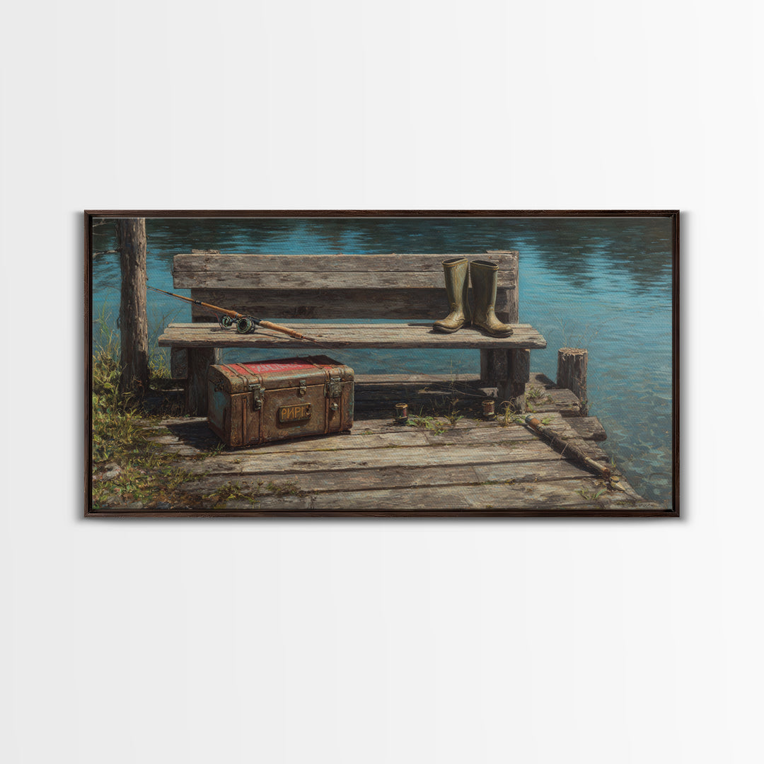 Rustic Fishing Dock With Boots And Rods Oil Painting Rustic Wall Art Framed Canvas Print For Cabin Decor And Nature Lovers