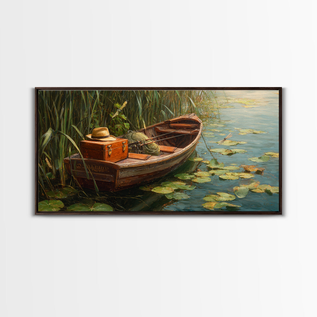 Rustic Lake Sunset Landscape With Adirondack Chairs Oil Painting Framed Canvas Print Wall Art