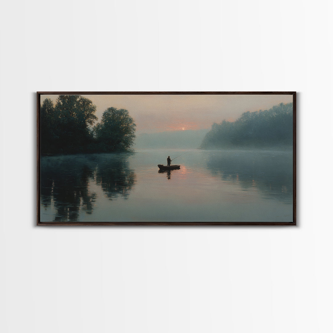 Serene Fisherman In Early Morning Mist Over Glassy River Original Oil Painting Wall Art For Living Room Decor