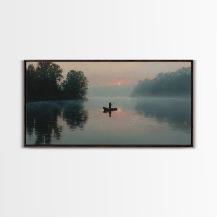 Serene Fisherman In Early Morning Mist Over Glassy River Original Oil Painting Wall Art For Living Room Decor