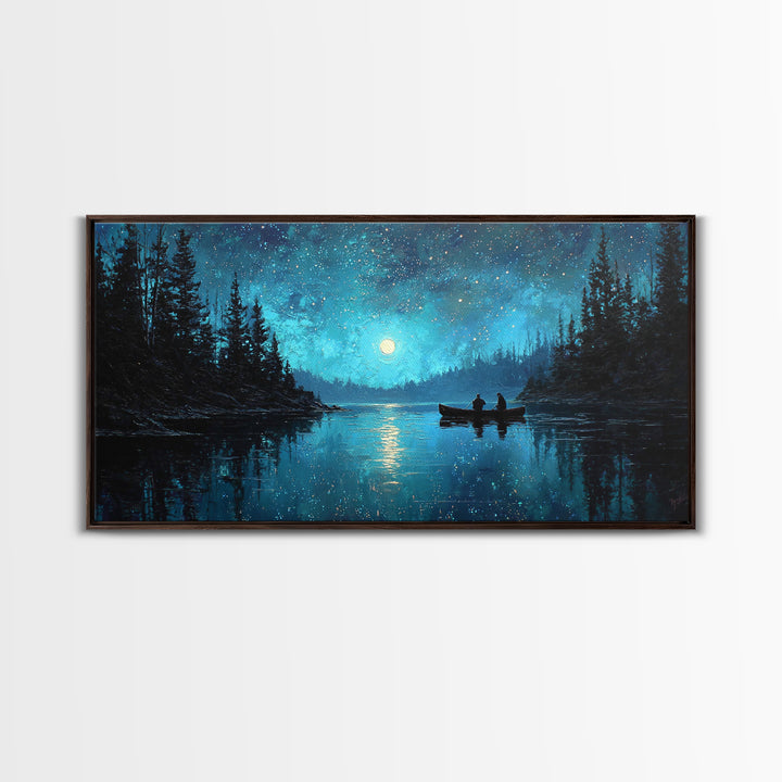Starry Night Landscape With Canoeists On A Moonlit Lake Original Oil Painting Wall Art